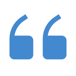 Blue double quotation mark symbol on a white background.