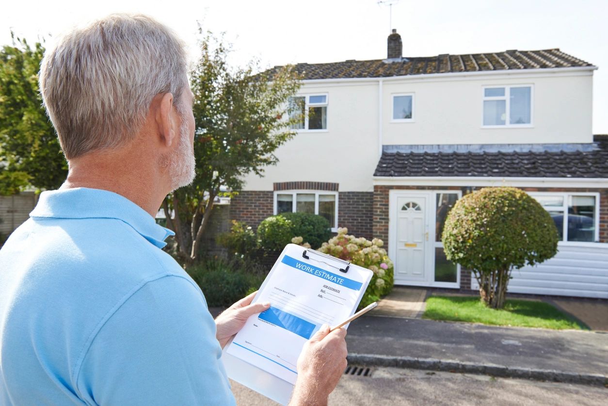 fm=f_lb1On4B A man holding a clipboard in front of a house.